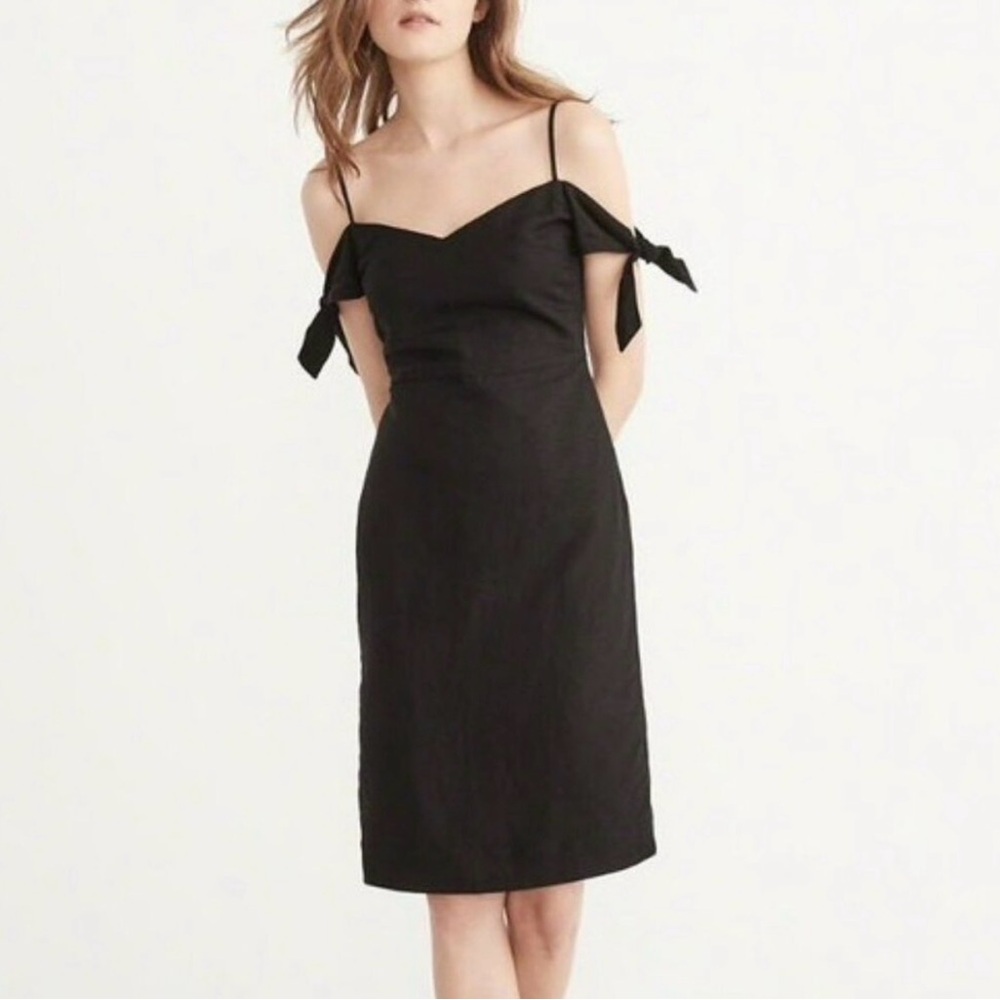 NWT! Abercrombie & Fitch black linen-blend tie-shoulder midi dress - size 10.